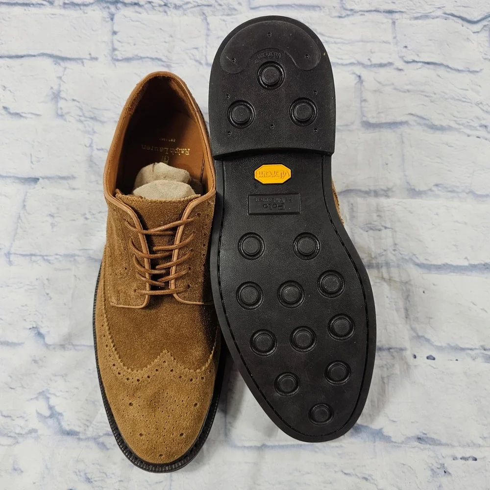 Ralph Lauren Wingtip Oxford Mens 9 Brown Suede Brogue Cow Leather Dress Shoes